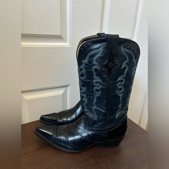 Je-Ver Cowboy Boots Men's 9.5 Leather Embroidered Western Pointed Navy Boots - Picture 8 of 16